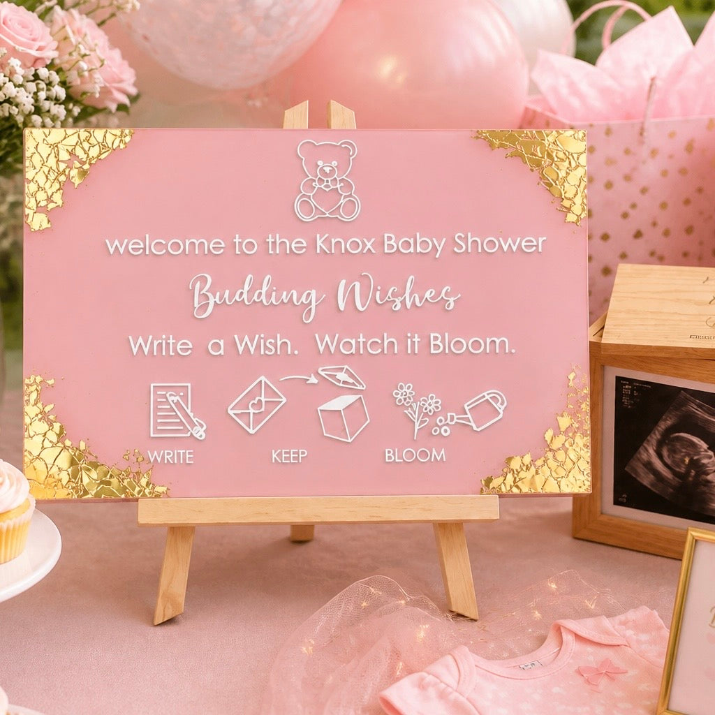 Deluxe Package personalised acrylic baby shower sign in Cherry Blossom with gold foil corners - Budding Wishes by Wrapped by Yogini