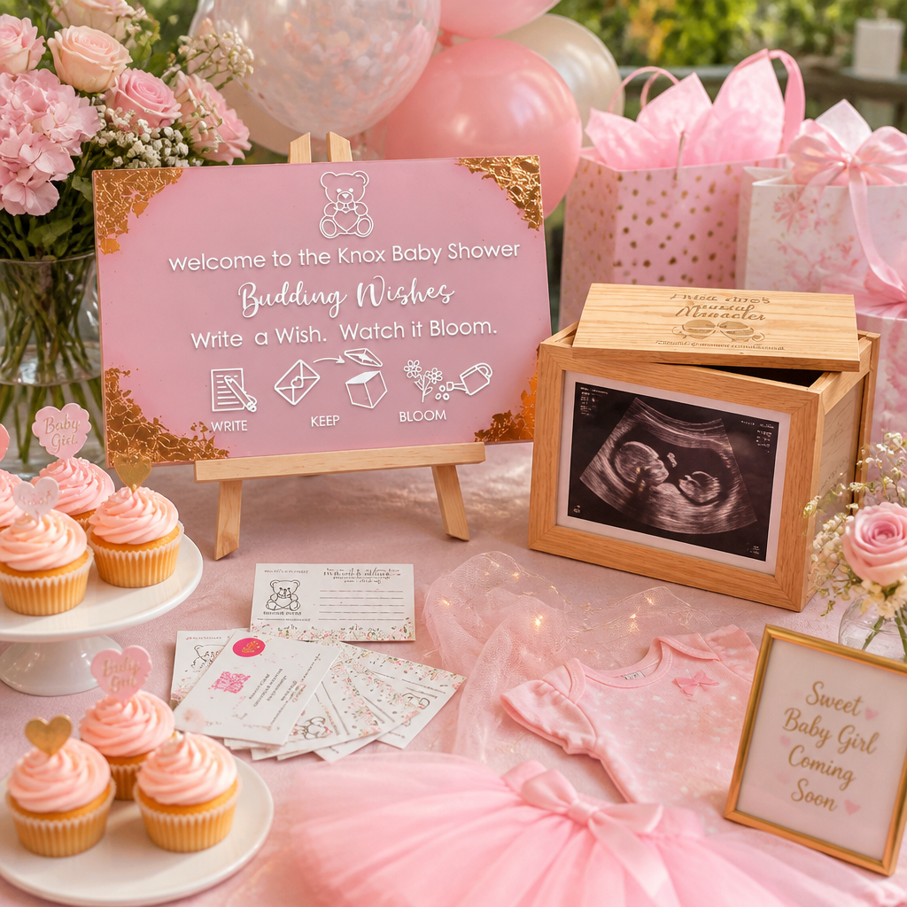 Deluxe Package personalised acrylic baby shower sign in Cherry Blossom with rose gold foil corners - Budding Wishes by Wrapped by Yogini