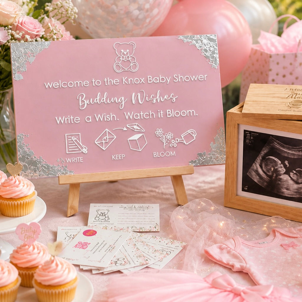 Deluxe Package personalised acrylic baby shower sign in Cherry Blossom with silver foil corners - Budding Wishes by Wrapped by Yogini