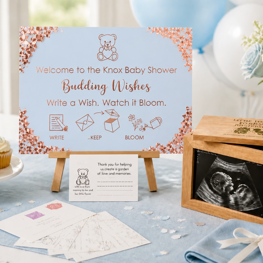 Deluxe Package personalised acrylic baby shower sign in Forget-Me-Not Blue with rose gold foil corners - Budding Wishes by Wrapped by Yogini