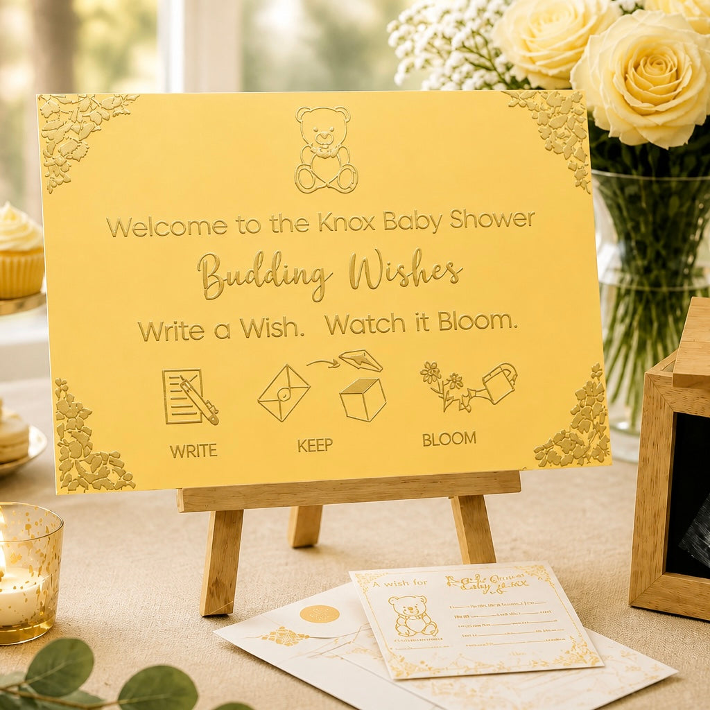 Deluxe Package personalised acrylic baby shower sign in Golden Buttercup with gold foil corners - Budding Wishes by Wrapped by Yogini
