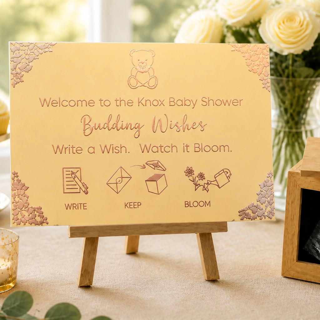 Deluxe Package personalised acrylic baby shower sign in Golden Buttercup with rose gold foil corners - Budding Wishes by Wrapped by Yogini