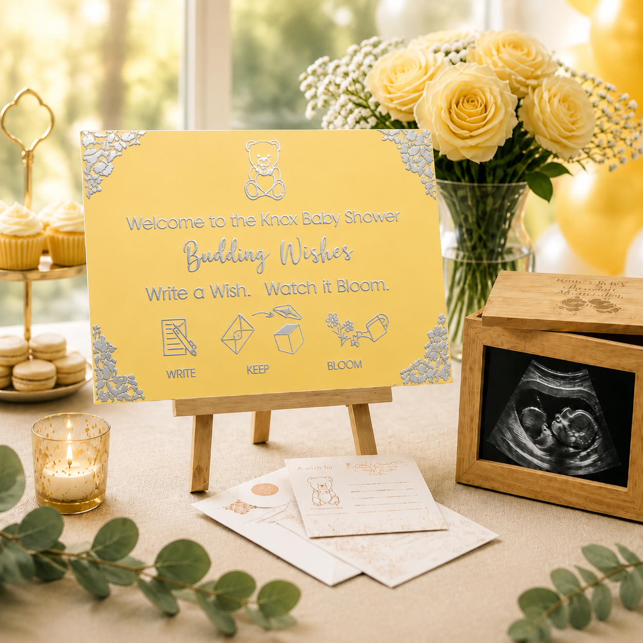 Deluxe Package personalised acrylic baby shower sign in Golden Buttercup with silver foil corners - Budding Wishes by Wrapped by Yogini