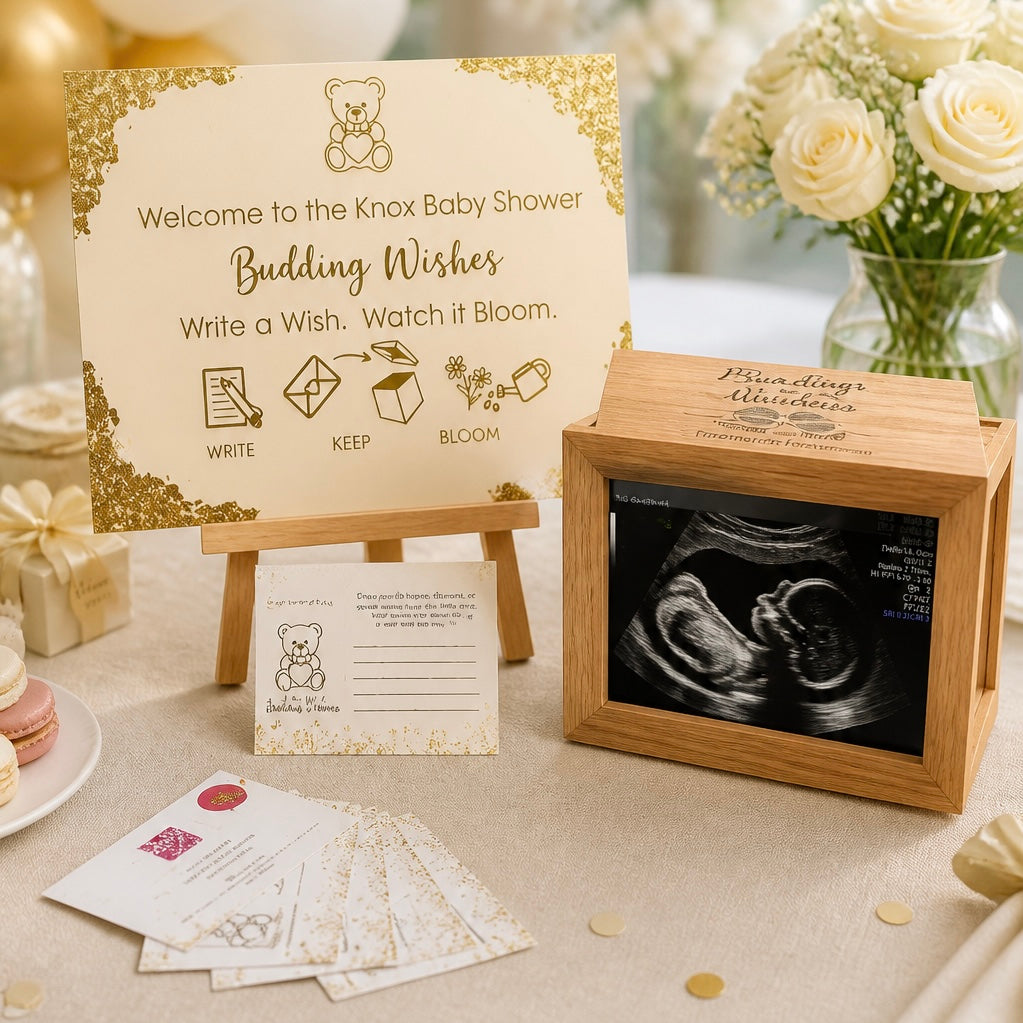 Deluxe Package personalised acrylic baby shower sign in Magnolia Cream with gold foil corners - Budding Wishes by Wrapped by Yogini