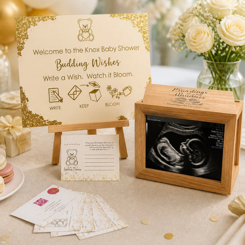 Deluxe Package personalised acrylic baby shower sign in Magnolia Cream with gold foil corners - Budding Wishes by Wrapped by Yogini