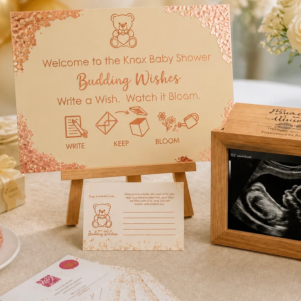 Deluxe Package personalised acrylic baby shower sign in Magnolia Cream with rose gold foil corners - Budding Wishes by Wrapped by Yogini