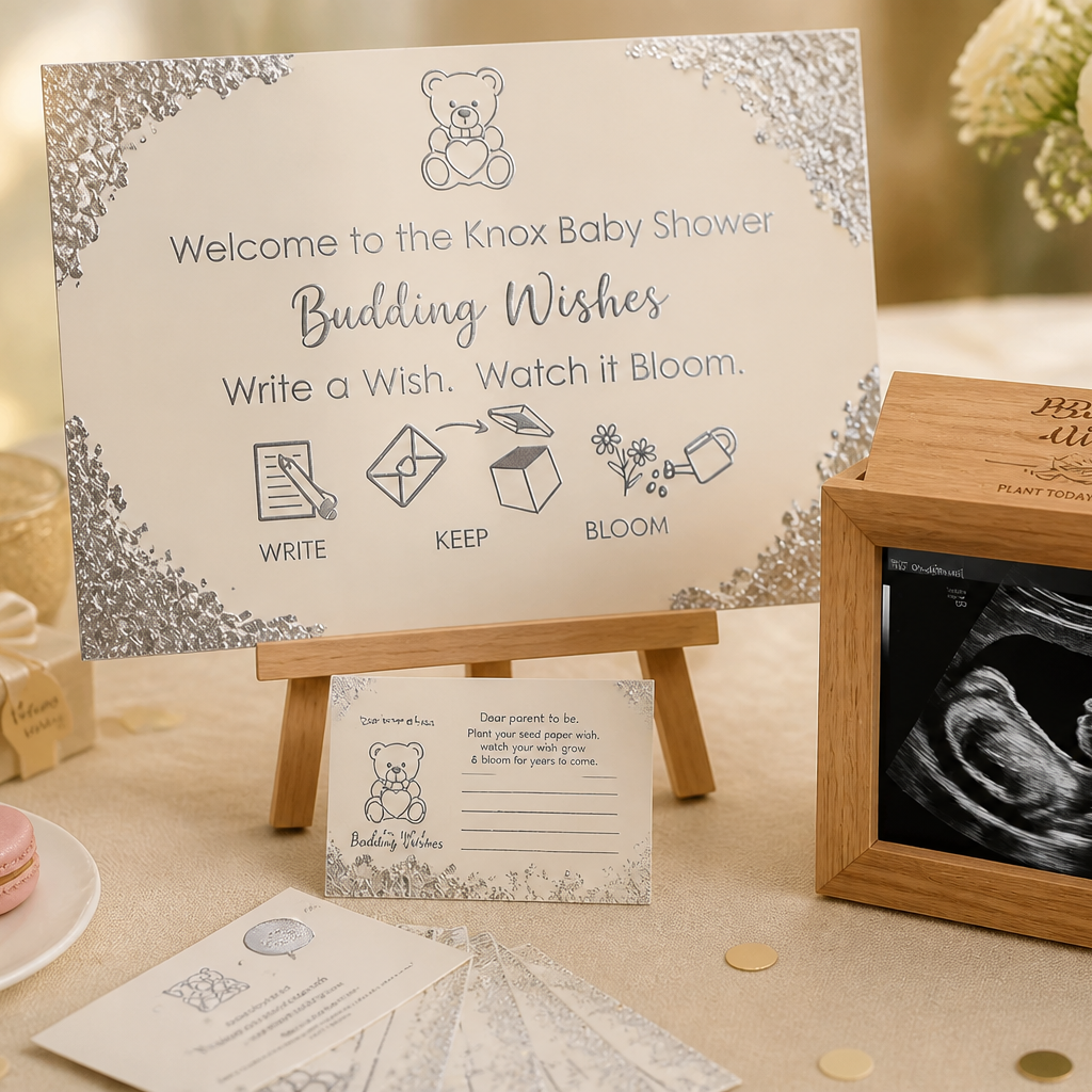 Deluxe Package personalised acrylic baby shower sign in Magnolia Cream with silver foil corners - Budding Wishes by Wrapped by Yogini