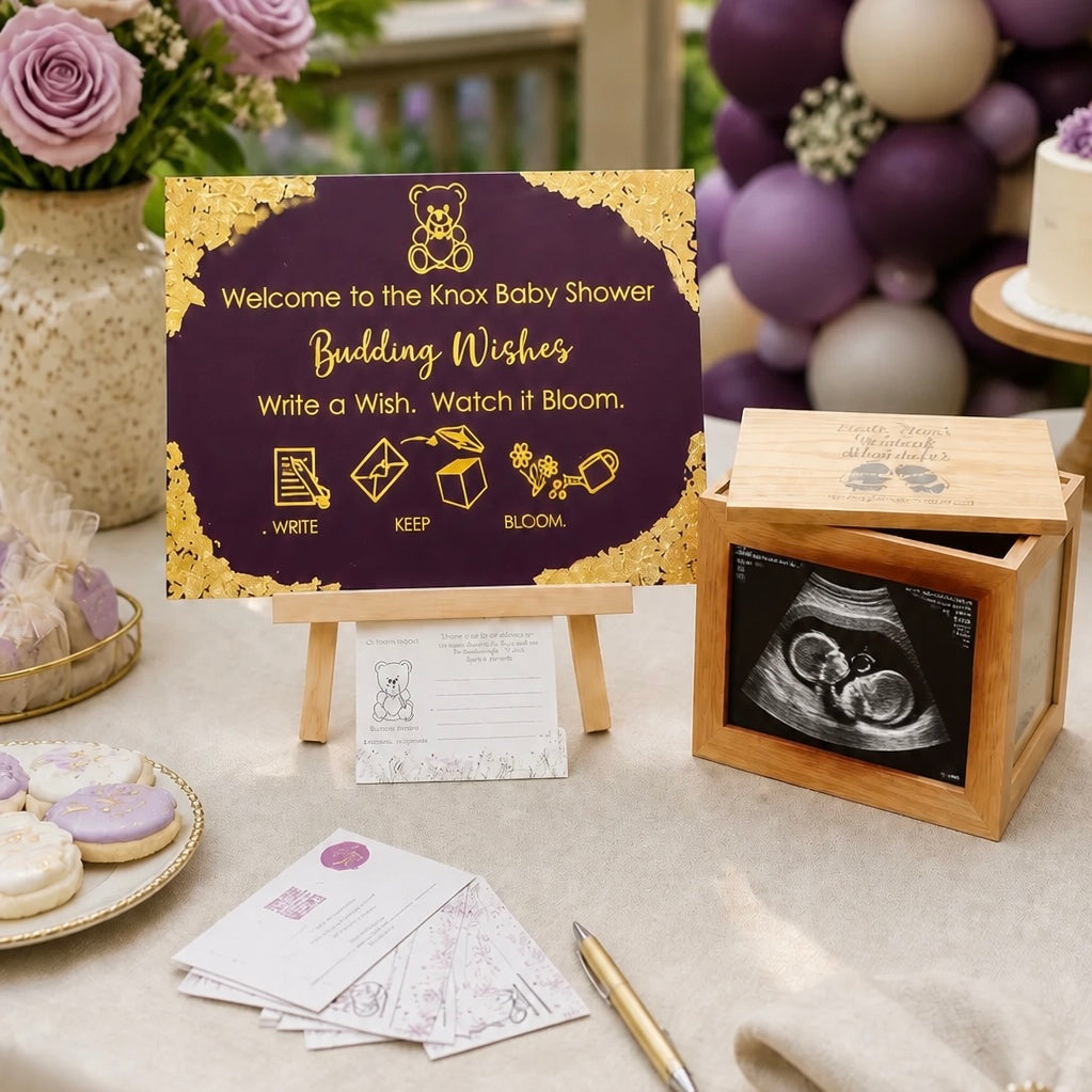 Deluxe Package personalised acrylic baby shower sign in Midnight Violet with gold foil corners - Budding Wishes by Wrapped by Yogini