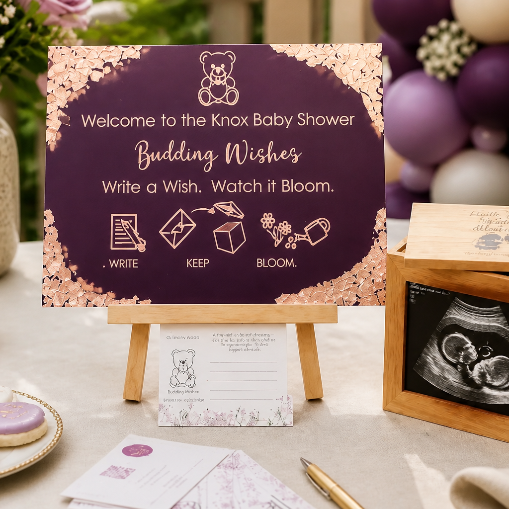 Deluxe Package personalised acrylic baby shower sign in Midnight Violet with rose gold foil corners - Budding Wishes by Wrapped by Yogini