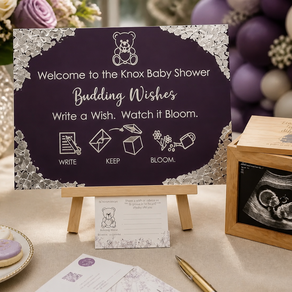 Deluxe Package personalised acrylic baby shower sign in Midnight Violet with silver foil corners - Budding Wishes by Wrapped by Yogini