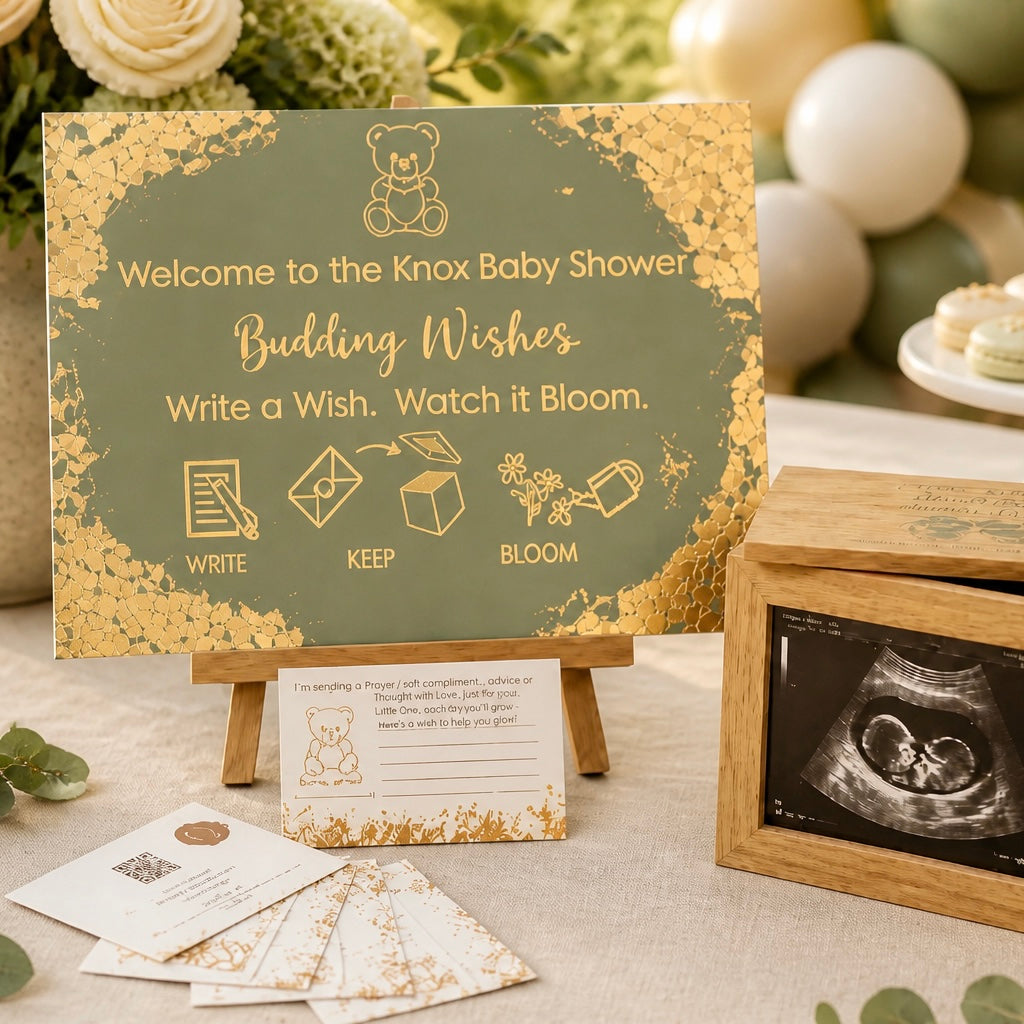 Deluxe Package personalised acrylic baby shower sign in Sage Meadow with gold foil corners - Budding Wishes by Wrapped by Yogini