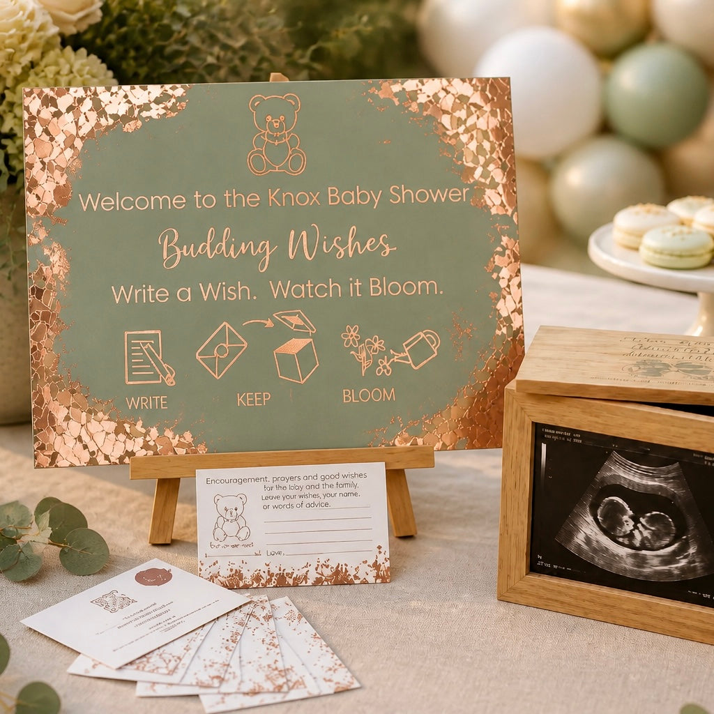 Deluxe Package personalised acrylic baby shower sign in Sage Meadow with rose gold foil corners - Budding Wishes by Wrapped by Yogini