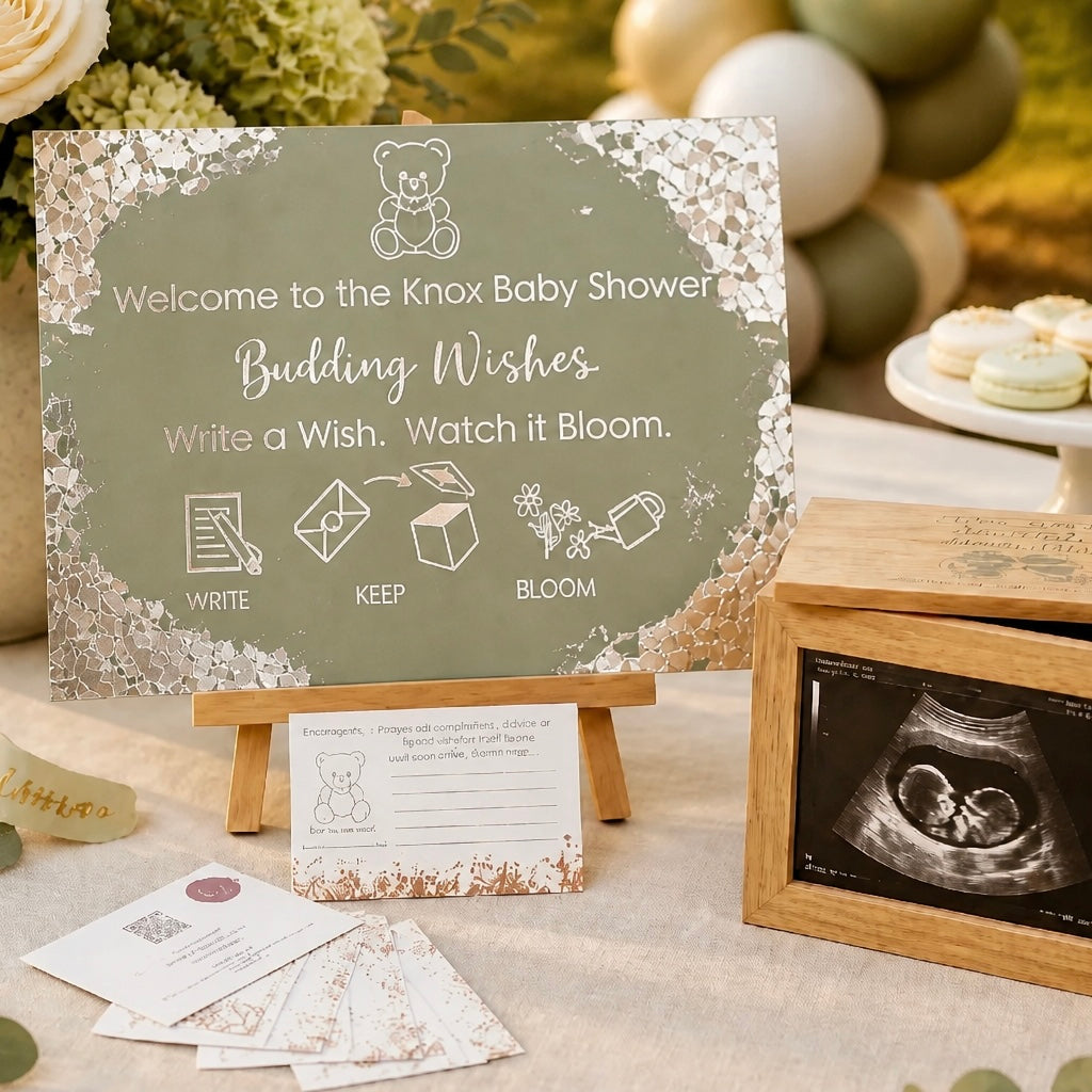 Deluxe Package personalised acrylic baby shower sign in Sage Meadow with silver foil corners - Budding Wishes by Wrapped by Yogini