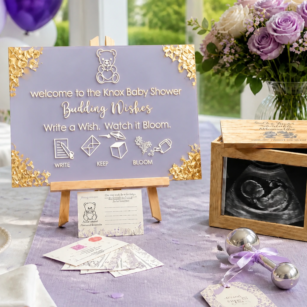 Deluxe Package personalised acrylic baby shower sign in Wisteria Dream with gold foil corners - Budding Wishes by Wrapped by Yogini