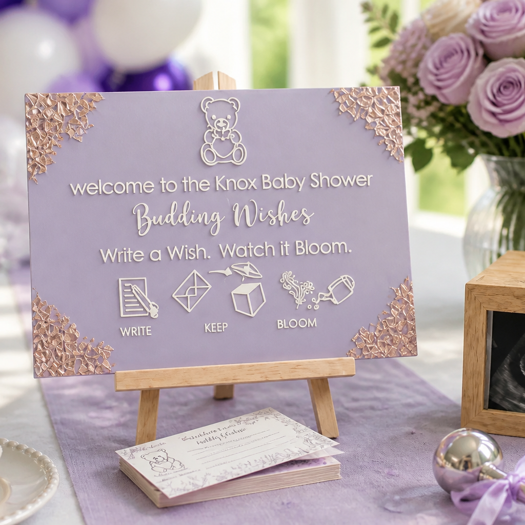Deluxe Package personalised acrylic baby shower sign in Wisteria Dream with rose gold foil corners - Budding Wishes by Wrapped by Yogini