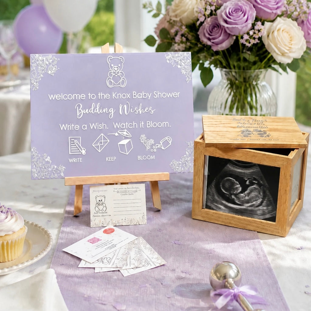 Deluxe Package personalised acrylic baby shower sign in Wisteria Dream with silver foil corners - Budding Wishes by Wrapped by Yogini